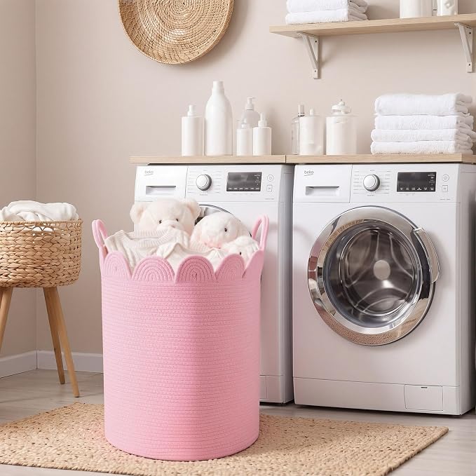 LemonRoad Round Woven Basket Pink, Cotton Rope Scalloped Edge Tassels, Nursery - Image 5