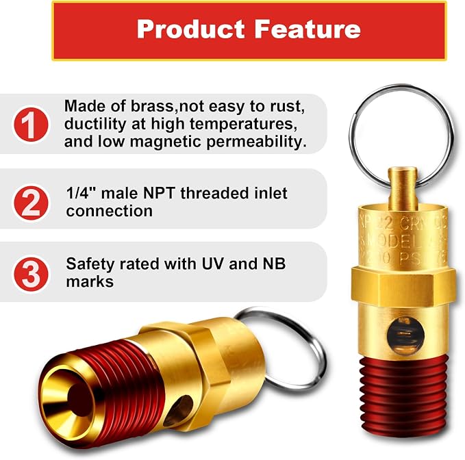 1/4'' NPT Male 125 PSI Air Compressor Pressure Relief Valve Brass | Safety - Image 5