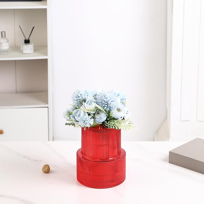 Ribbed Glass Vase, Flower Vase, Fluted Red Vases - Image 5