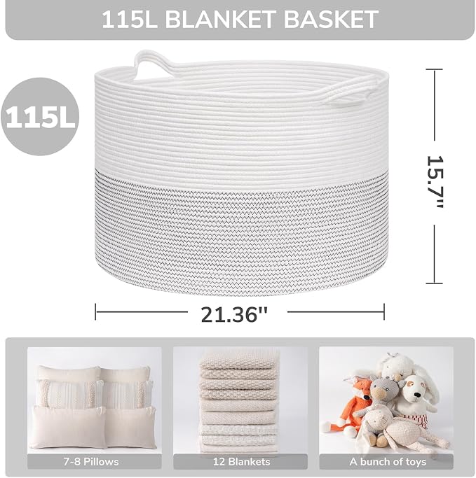 INDRESSME 115L Extra Large Woven Rope Blanket Basket Living Room, laundry & - Image 2