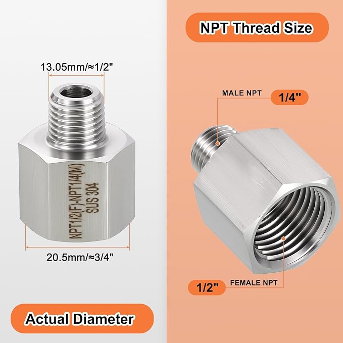 2 Packs 304 Stainless Steel FeMale to Male Adapters, 1/2" FeMale NPT x 1/4" - Image 2