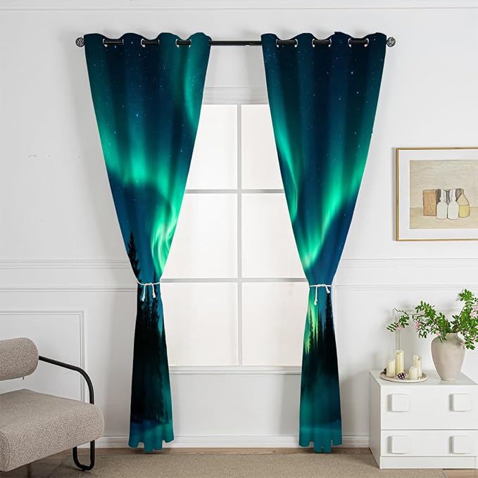 Aurora Forest Curtains for Bedroom Living Room, Deep Blue Night Sky Window - Image 2