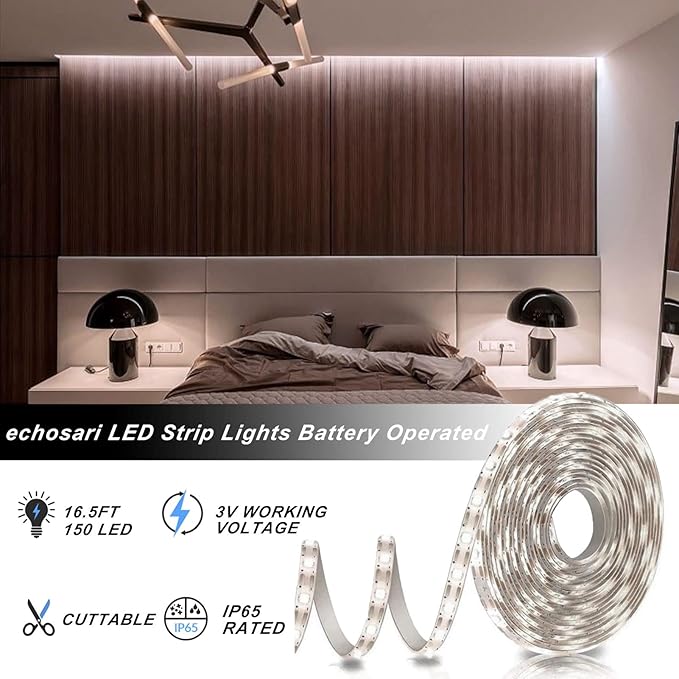 echosari Strip Lights Battery Operated, 16.5Ft 150 LED 2835 SMD Closet Strip - Image 4