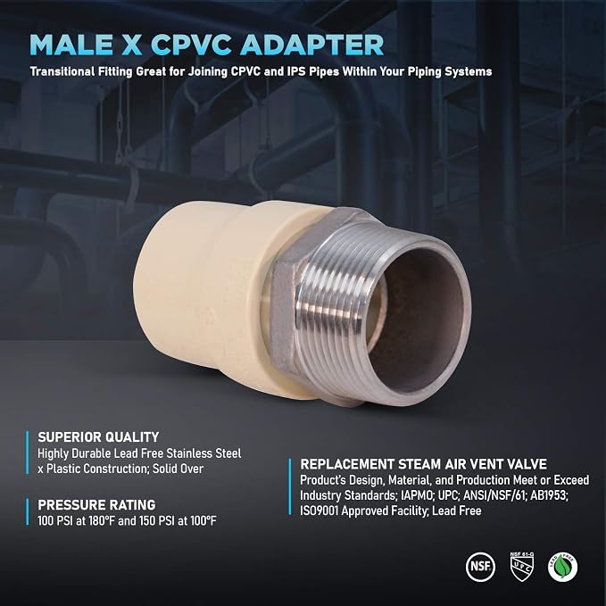Midline Valve TTDQN012-OM-5 Male x CPVC Adapter Transition Pipe Fitting; - Image 4