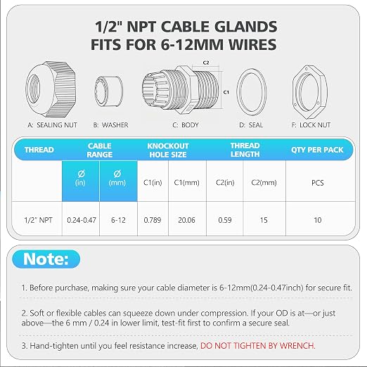 10PCS 1/2 inch NPT Cable Gland Waterproof IP68, Fits 6-12mm Cable | Industrial - Image 5