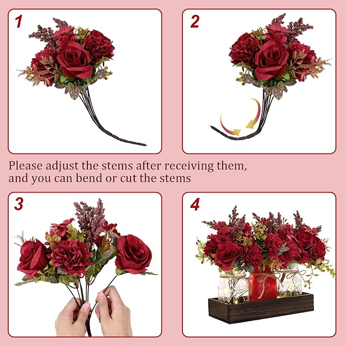 BLEUM CADE 3Pcs Mason Jar with Artificial Dahlia Flowers Wood Tray Lights | - Image 5