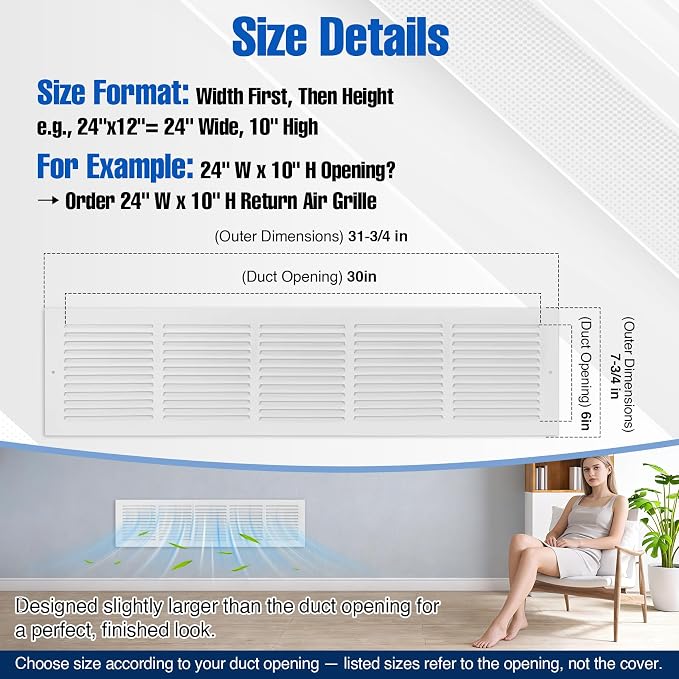 Fancat 30x6 Steel Return Air Grille, HVAC Vent Cover, 0.7cm Overall Depth - Image 4