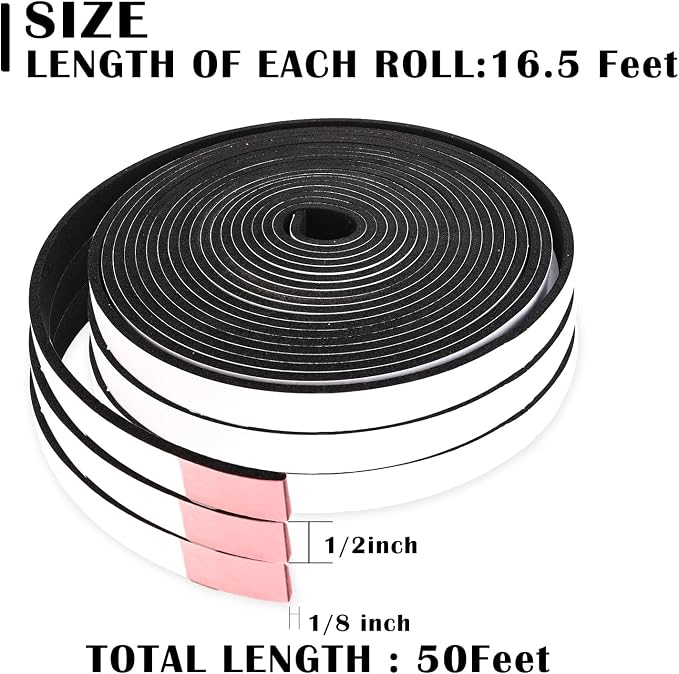 1/2 Inch Wide x 1/8 Inch Thick Single Sided Foam Tape, High Density Window Seal - Image 2