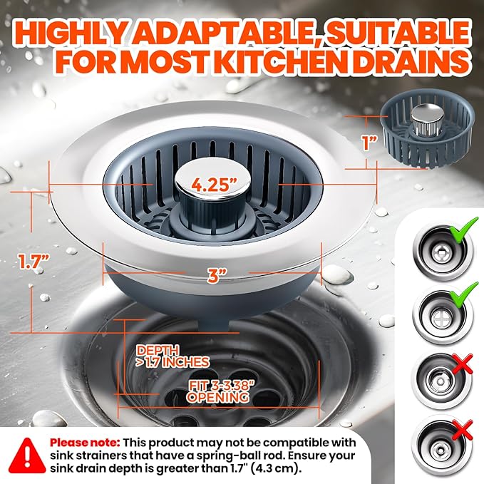 Kitchen Sink Drain Strainer & Sink Stopper, Upgraded 3 in 1 Stainless Steel - Image 5