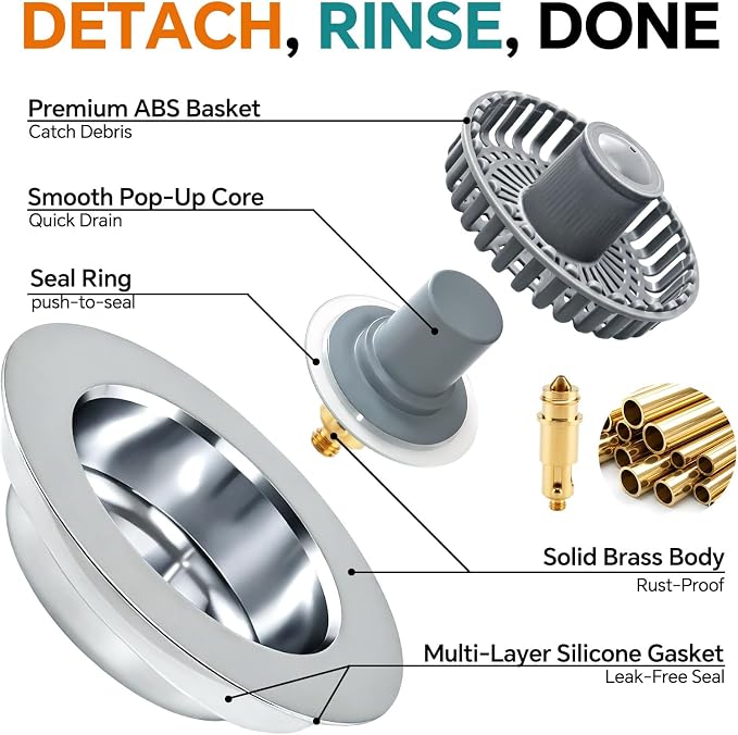 Solid Brass Body 3-in-1 Kitchen Sink Drain Strainer & Stopper, Heavy Duty Pop - Image 4