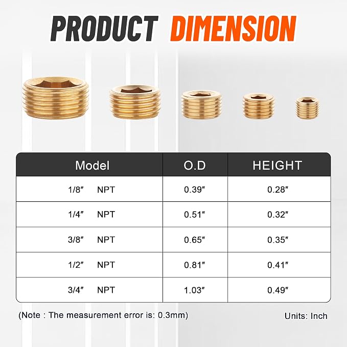 35Pcs Brass Pipe Fittings Socket Plug Kit, 1/8" 1/4" 3/8" 1/2" 3/4" | NPT Male - Image 5