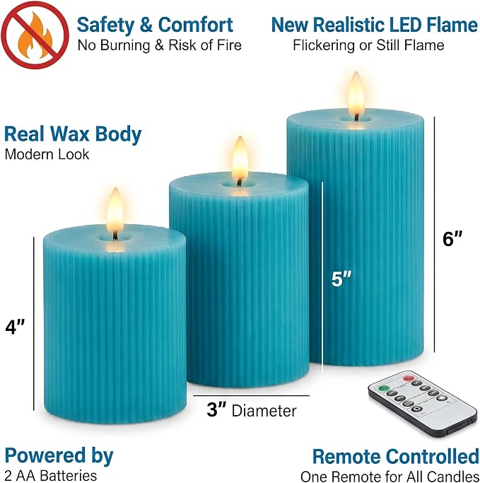 VENTA Turquoise Flameless Pillar Candles, Boho & Modern Home Decor - Image 2