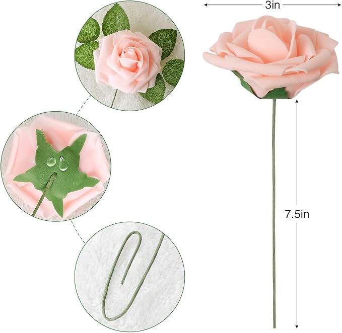 AmyHomie Blush Pink Rose 50pcs Real Looking Artificial Flowers w/Stem | Bouquet - Image 2