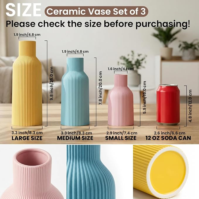 Colorful Ceramic Vases Set of 3, Matte Round Vertical Ribbed, Minimalist - Image 2