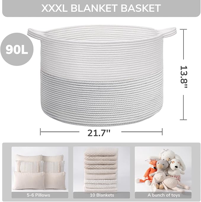 INDRESSME XXXLarge Woven Rope Blanket Basket Living Room White, 90L | 21.7" x - Image 5