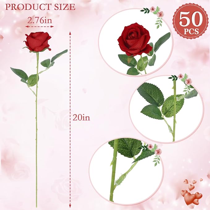 Hananona 50 Pcs Artificial Roses in Bulk, Fake Silk Red Roses Realistic Roses - Image 2