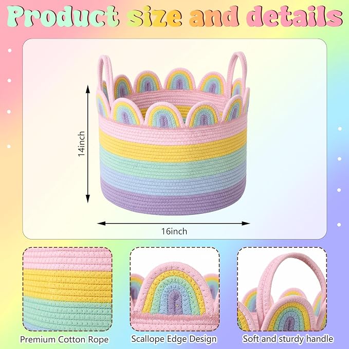 LemonRoad Round Woven Basket Pastel Rainbow, Cotton Rope Scalloped Edge Tassels - Image 2