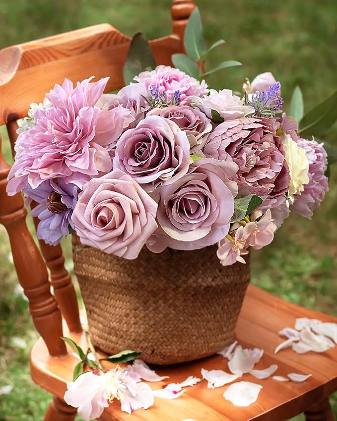 FACINOC Roses Artificial Flowers Purple Bouquet Violet Fake Flower Box Set | - Image 6