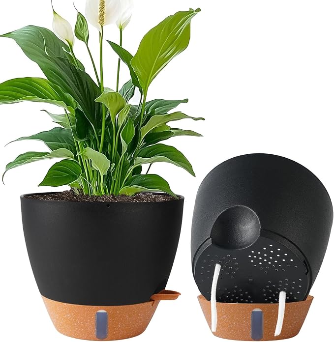 2 Pack 10 inch Plant Pots, Plastic Self Watering Planters | Drainage Holes by Fielda