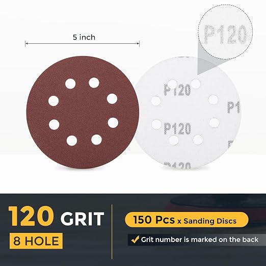 HARFINGTON 150 Pcs 5 Inch Sanding Discs 120 Grit Red Aluminum Oxide 8 Hole | - Image 2