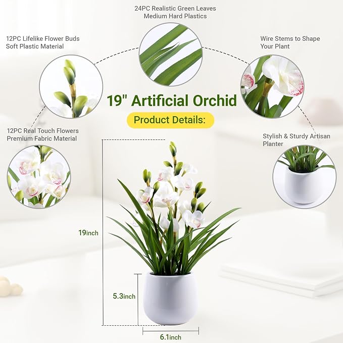 Fake Orchid Plant 19" Tall, Realistic Touch Leaves, Potted Cymbidium Artificial - Image 2