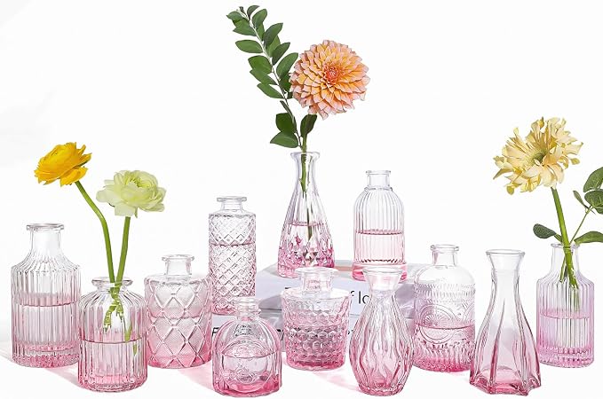 UPBUD Pink Glass Bud Vases Set of 12, Mini Flower Vase by UPBUD