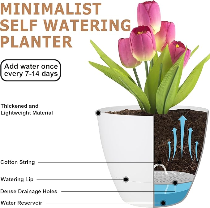 QRRICA Plant Pots 10/9/8/7.5/7 Inch Self Watering Pots, Plastic Flower Pots - Image 4