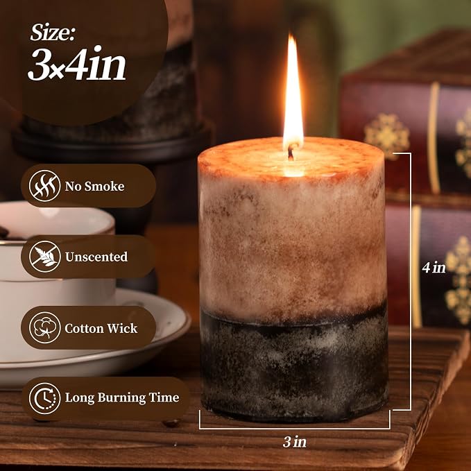 KONNI Layered Pillar Candles Set of 3, 2.8"x 4" Table Decor Coffee | - Image 2