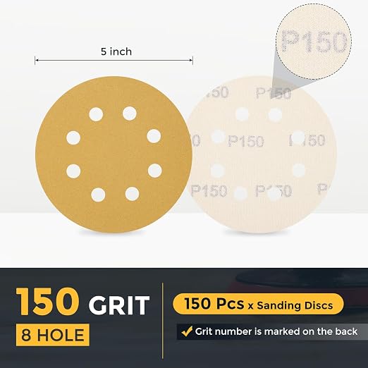 HARFINGTON 150Pcs 5Inch Sanding Discs 150Grit Yellow Aluminum Oxide 8 Hole | - Image 2