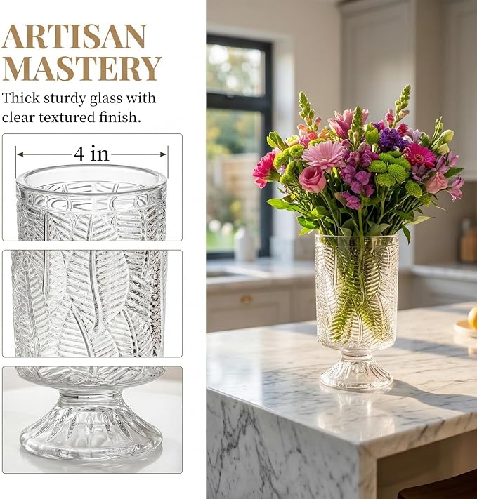 Pumtus 3 Pack Flower Vases for Centerpieces, Vintage Glass Pedestal Vase Set - Image 3