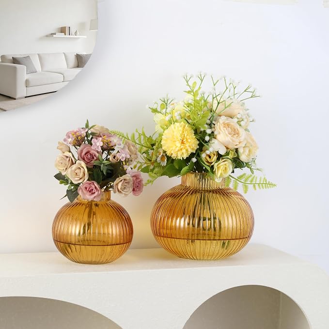 Amber Glass Vases for Tulips, Flower Vases for Bouquet, Ribbed Glass Vase for - Image 6