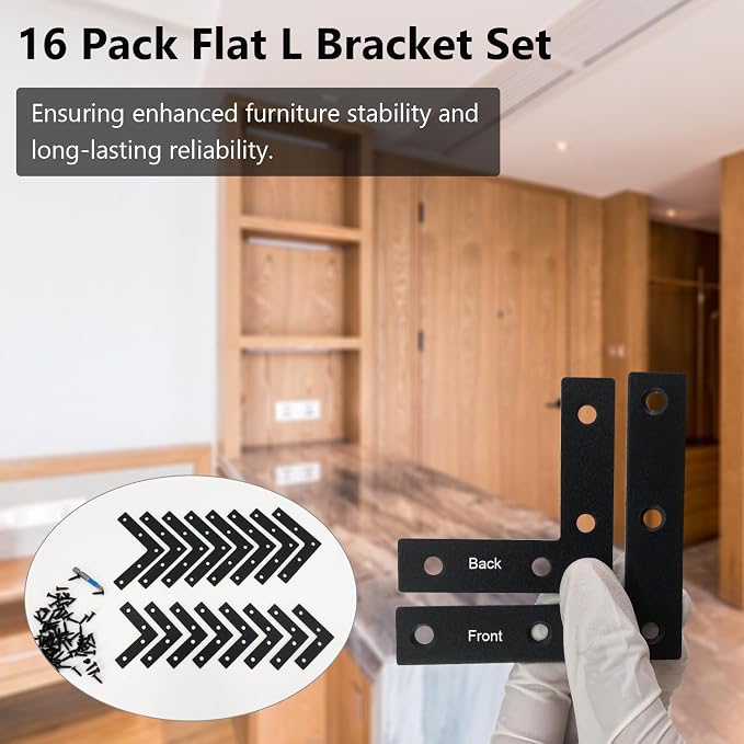 QSJ 16 Pcs L Flat Straight Brackets Corner Bracket Set 8Pcs 2.36''/8Pcs 3.15'' - Image 6