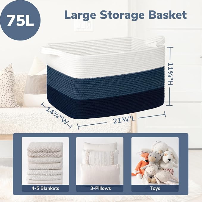 Goodpick Large Woven Rope Blanket Basket, Light Blue | 21.6'' x 14.9'' x 11.8'' - Image 3
