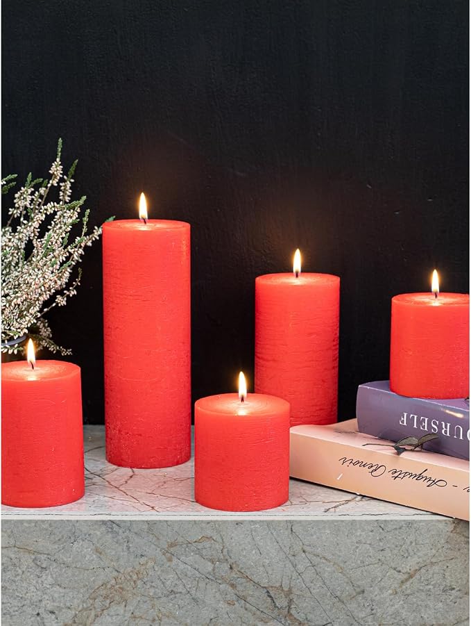 Assorted 3x3, 3x8 Inch Red Pillar Candles Set of 3 - Image 9