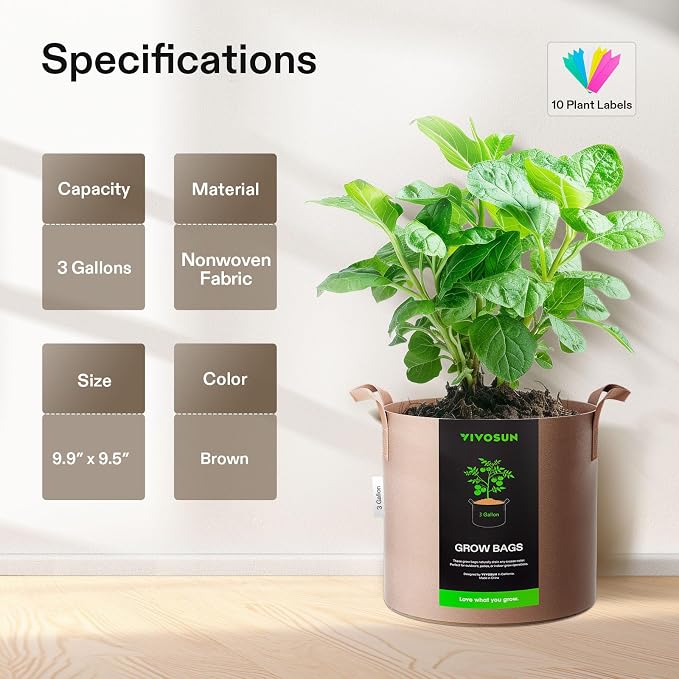 VIVOSUN 5-Pack 3 Gallon Plant Grow Bags Fabric Pots - Image 2