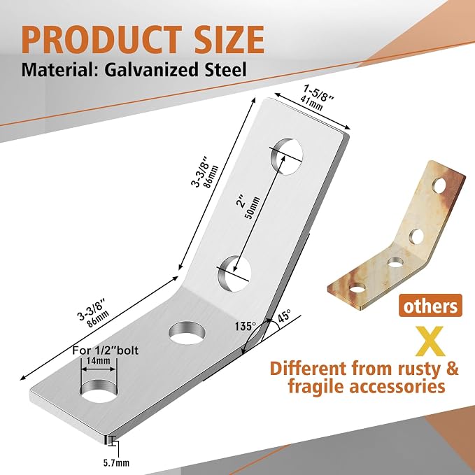 8 Pack 45 Degree Angle Bracket for 1-5/8 Strut Channel, Heavy Duty 5.7mm Thick - Image 2