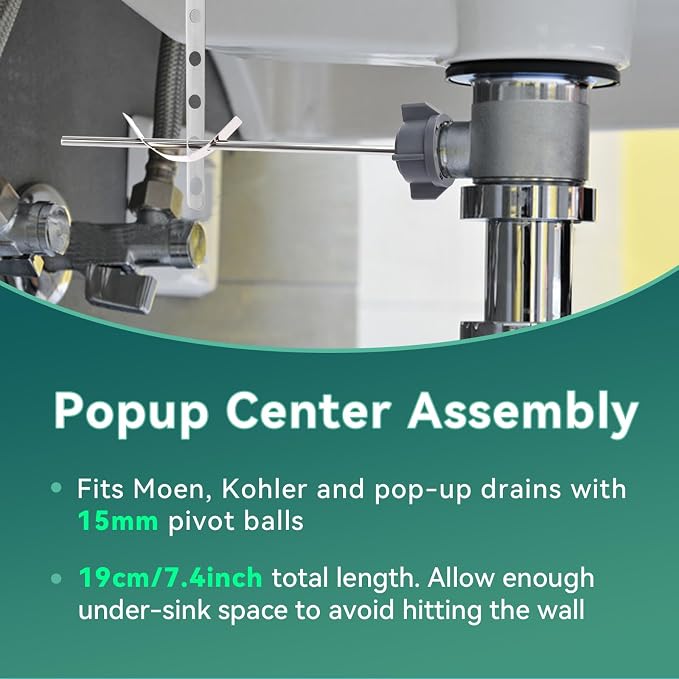 2 Pcs Sink Pivot Rod Replacement, 15MM Ball, Pop Up Center Piece Assembly - Image 3