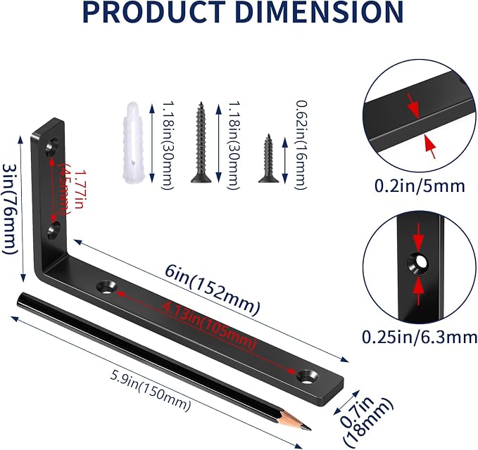 LSK 6PCS Shelf Bracket, L 6"×H 3", 5mm Thick Heavy Duty L Bracket, Max Load: - Image 3