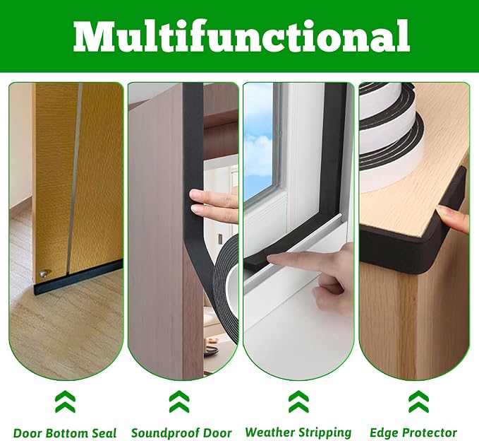 Weather Stripping Door Seal Black, Self Adhesive Foam Tape, Window Insulation - Image 4