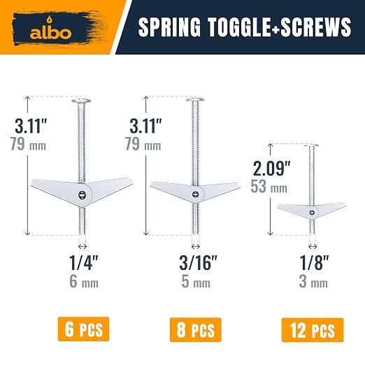 ALBO 50PCS Drywall Anchors and Screws Kit, Spring Toggle Bolts - Image 4