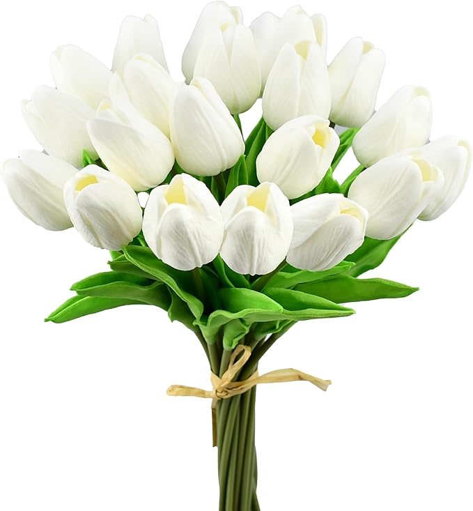 Mandy's 20pcs Artificial Pure White Tulips | 13.5 Inch Lifelike PU Tulips Faux by Mandys