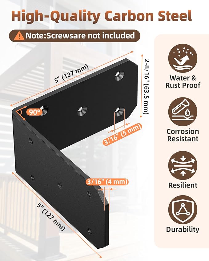 Heavy Duty L Brackets, 5x5 Inch, 300 LBS, 4 Pack | Carbon Steel, Rust Resistant - Image 2
