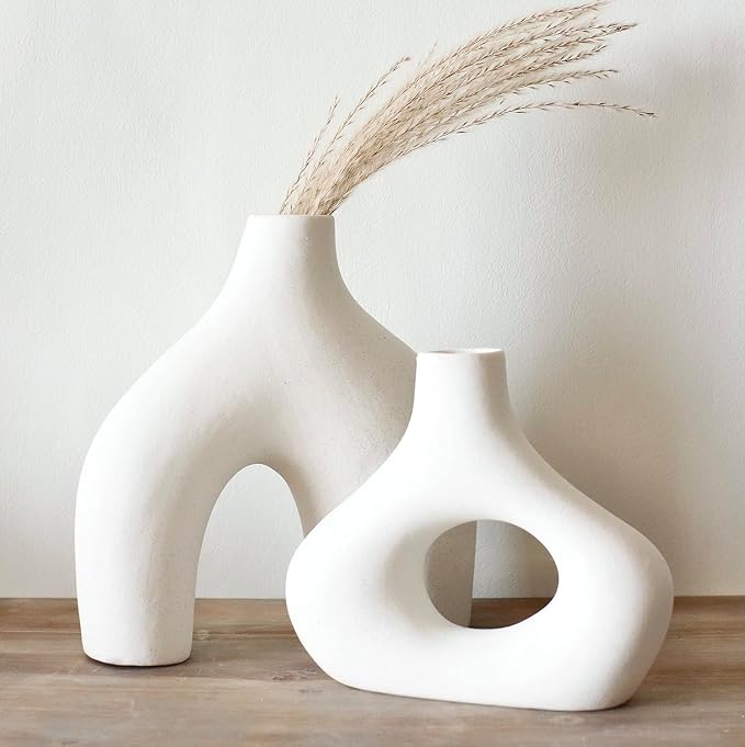 Carrot's Den Ceramic Modern Vase Set of 2, Donut Shelf Decor, Warm White | - Image 8