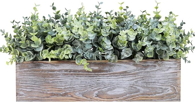 Winlyn 14" Artificial Eucalyptus in Rustic Rectangular Wooden Planter Box Faux by Winlyn