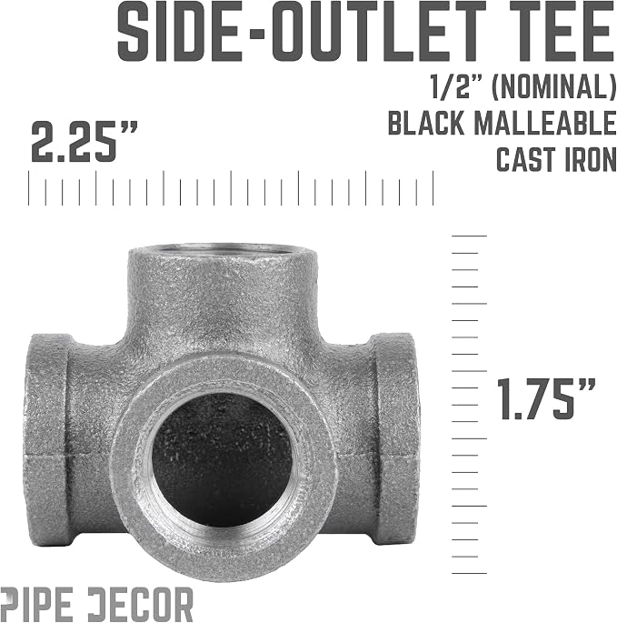 1/2" Side Outlet Tee Fitting, PIPE DECOR Black Malleable Iron Fittings Fit - Image 3