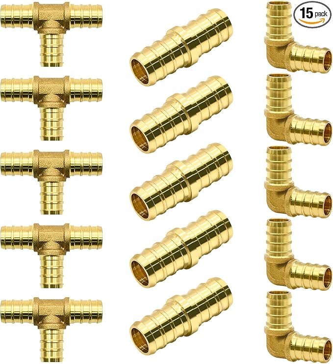 15pcs 1/2" PEX Fittings, Elbow TEE Straight Couplings Set, PEX Brass Crimp by RUBY.Q