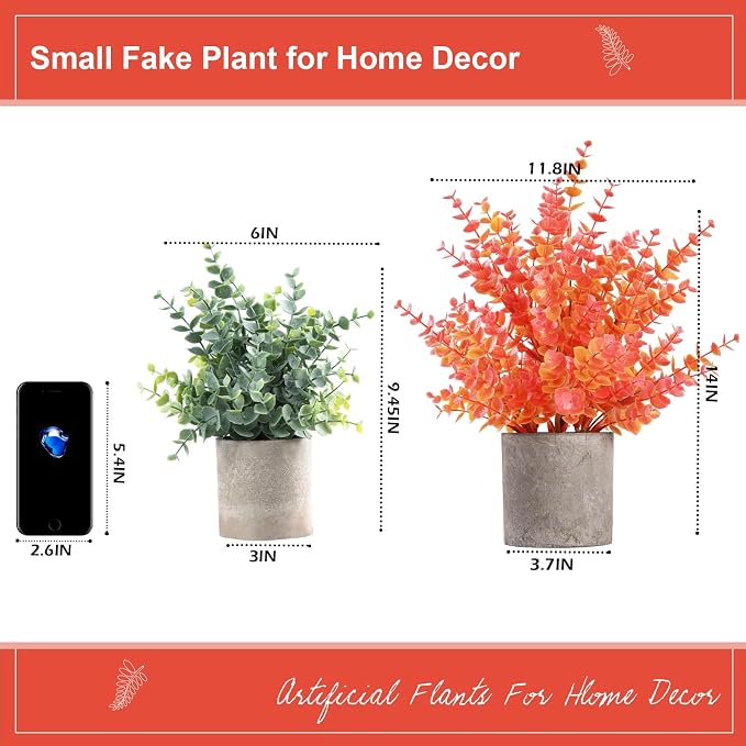 Coferset 2 Pack Small Fake Plants Eucalyptus Potted, Fall Orange Large | 14" - Image 7