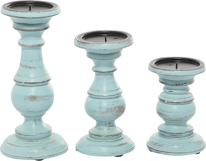 Deco 79 Mango Wood Decorative Candle Holder Distressed Turned Pillar Candle - Image 2