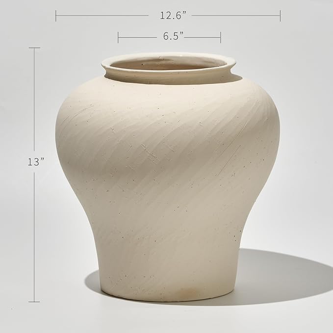 LB2 White Ceramic Large Vase, Terra Cotta Pitcher, Distressed Farmhouse Decor - Image 2