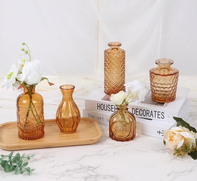 5pcs Amber Glass Bud Vase Set, Decorative Flower Vases - Image 3